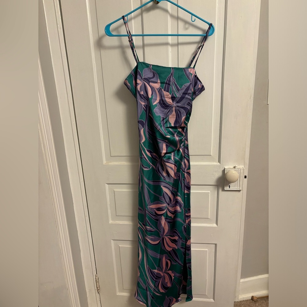 House of Harlow 1960 Ruched Side Satin Slip Midi Dress Floral XS NWT$189